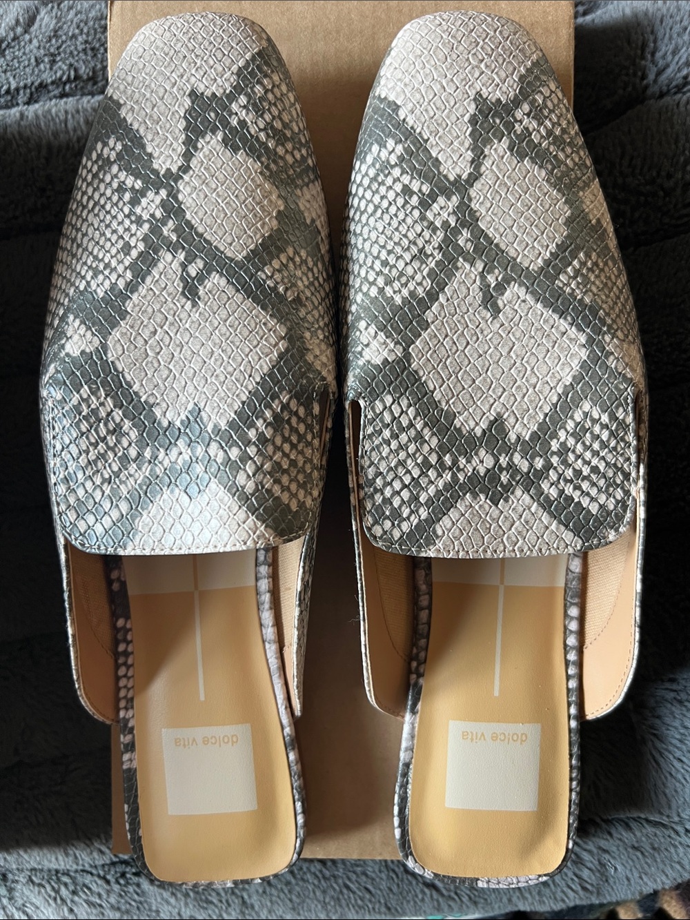 Dolce Vita Snake-Print Square Toe Mules in Gray and White